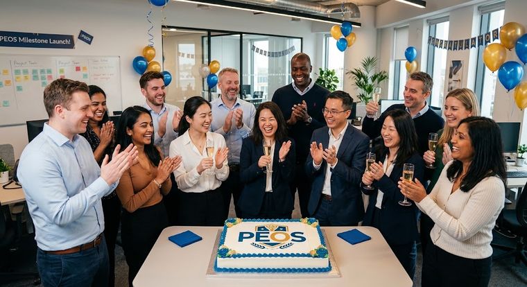 Launch & Delivery — A PEOS milestone launch — delivery teams shipping, customers celebrating.