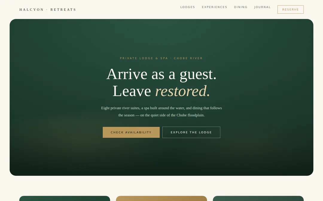 Halcyon Retreats — example website by Panacea (Premium small business)