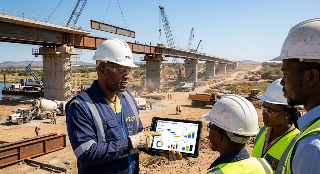 Engineers reviewing PEOS construction management on site at a bridge build