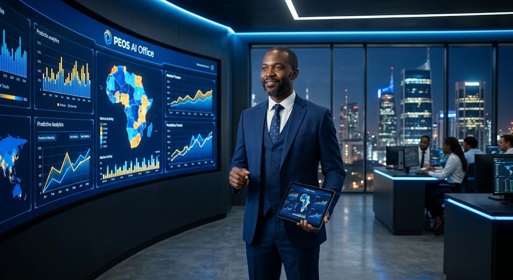Executive in a modern AI operations centre with predictive analytics dashboards